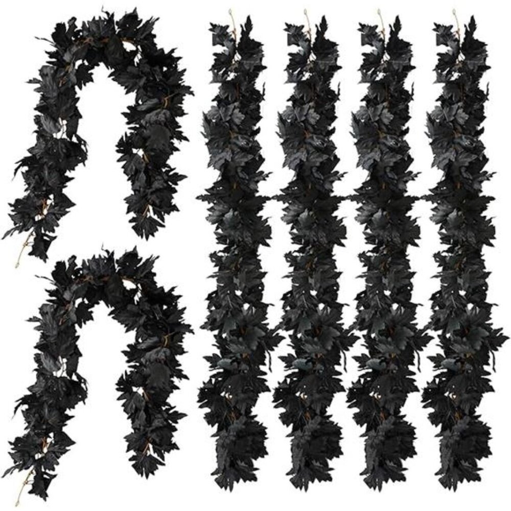 PARTY JOY Black Artificial Maple Leaf Garland - 6PCS 5.6Ft Halloween Decor, - Picture 8 of 8